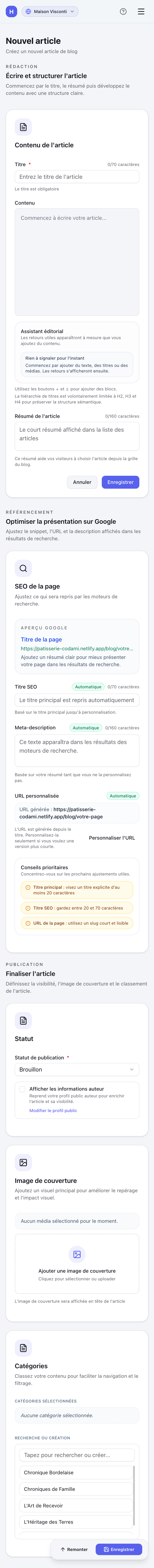 Éditeur d'article Hub avec assistant éditorial SEO, aperçu Google et gestion des catégories