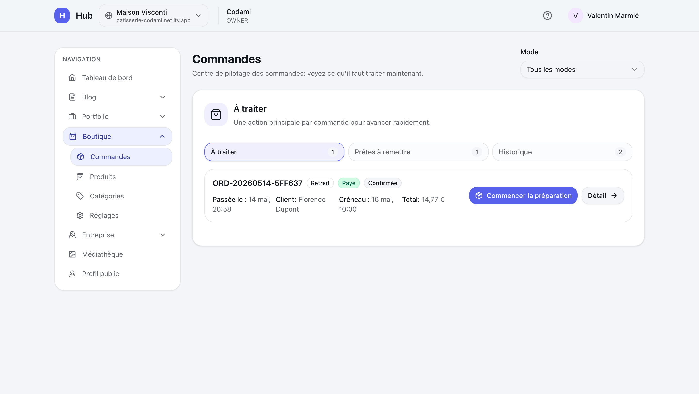 Gestion des commandes Hub — vue À traiter avec statuts Payé et Confirmée